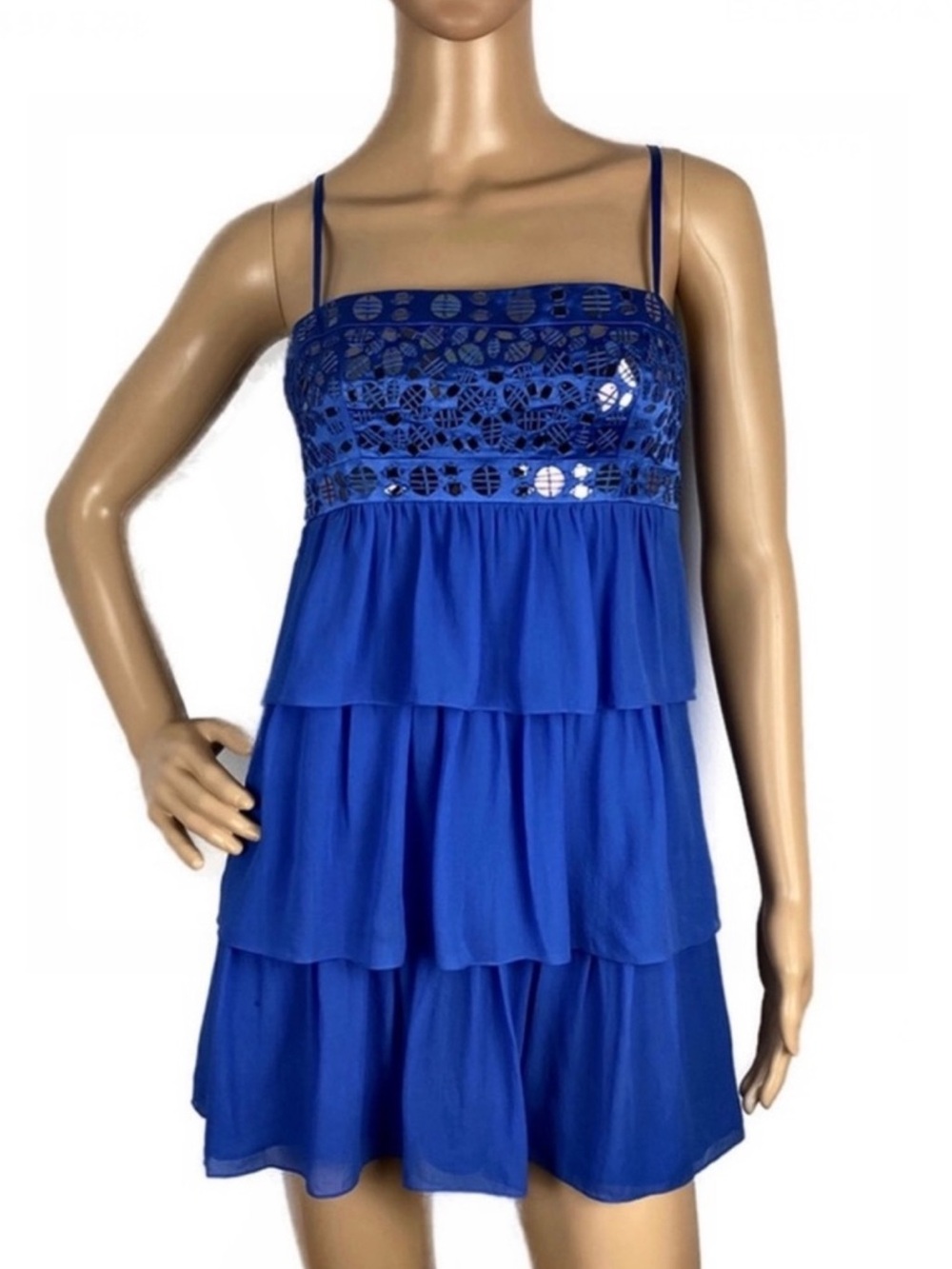 BCBGMAXAZRIA BLUE EMBELLISHED TIERED MINI DRESS